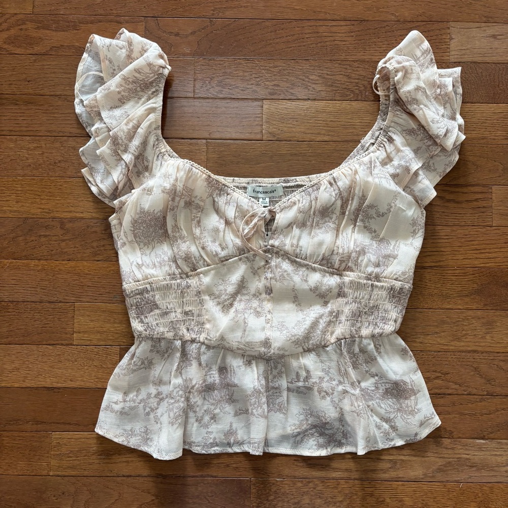 Francesca's Toile Bustier Style Flutter Sleeve Blouse